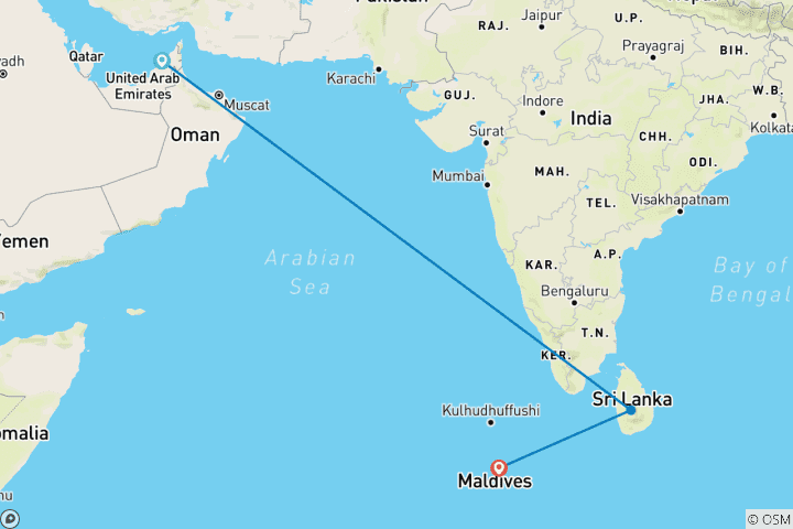 Map of Dubai, Sri Lanka & Maldives: City Sights to Island Vibes (from Dubai to Male)