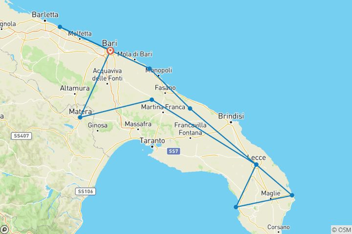 Carte du circuit 6 jours de visite des Pouilles à partir de Bari