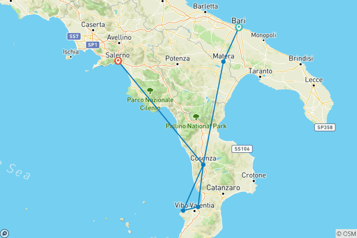 Mapa de Circuito de 4 días a Calabria desde Bari