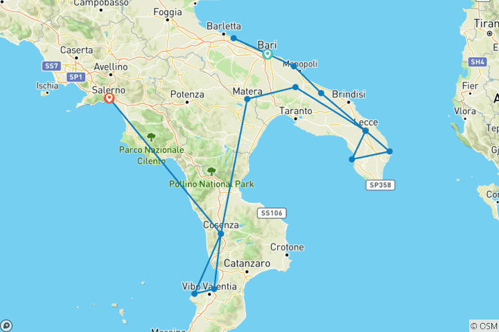 Carte du circuit 8 jours dans les Pouilles et en Calabre au départ de Bari