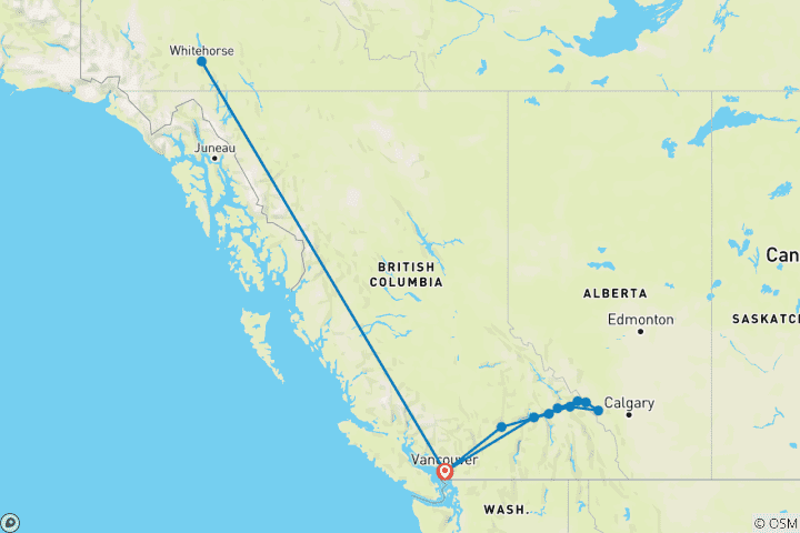 Carte du circuit Circuit Premium au Yukon pour les aurores boréales et les Rocheuses à l'occasion de Noël