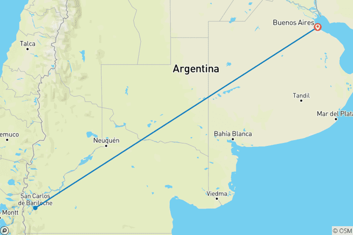 Carte du circuit 3 jours d'expérience à Bariloche avec billet d'avion optionnel au départ de Buenos Aires