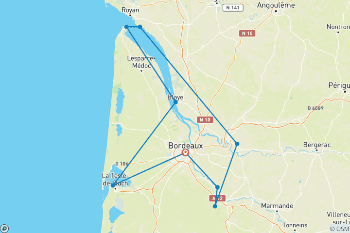 Carte du circuit Bordelais & Atlantique | Voyage guidé en e-bike | Les plaisirs de l'esprit et du palais