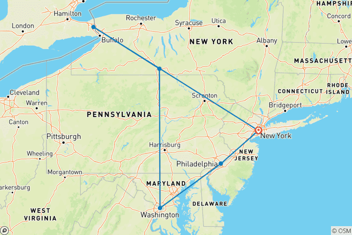 Carte du circuit 6-Day US East Coast High 6-Day US East Coast Highlights : New York+Philadelphie+Washington D.C. + Chutes du Niagara(Bilingue:chinois+anglais)