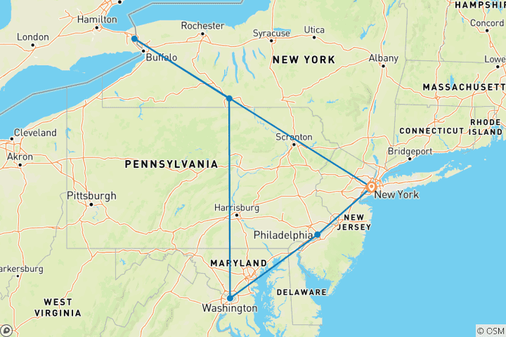 Map of 6-Day US East Coast High 6-Day US East Coast Highlights: New York+Philadelphia+Washington D.C. + Niagara Falls(Bilingual:Chinese+English)