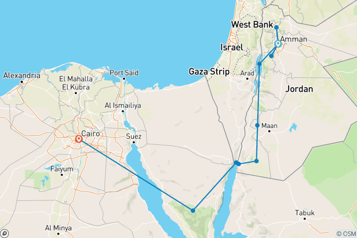 Map of Lights of Jordan and Cairo (12 destinations)