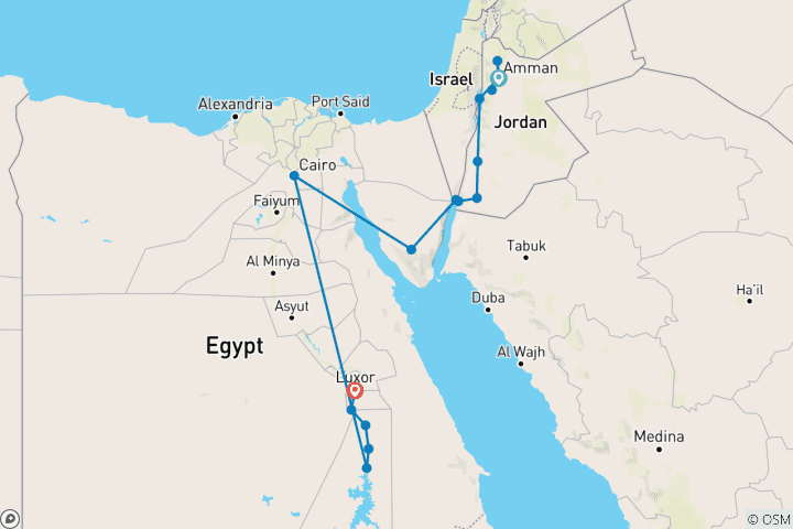 Kaart van Magisch Jordanië en de schoonheden van de Nijl (17 bestemmingen)