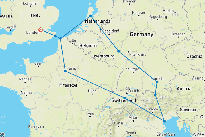 Kaart van Europese magie (start Londen, 9 dagen)