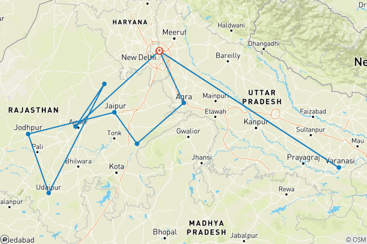 Karte von Abenteuer Ranthambore Wildlife Safari Tour mit komplettem Nordindien 15 Tage