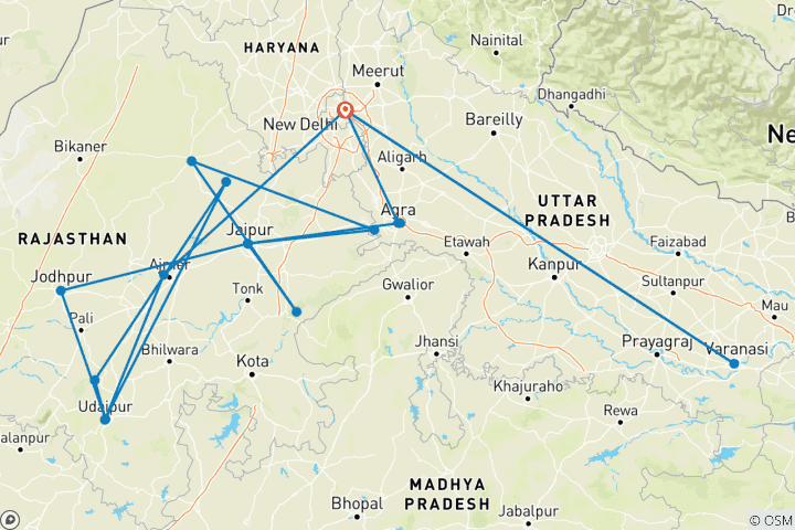 Map of Adventures Ranthambore Wildlife Safari Tour with Complete North India 15 Day's