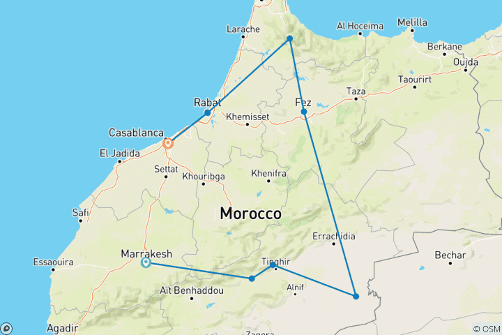 Kaart van 9-daagse ontdekkingstocht door Marokko: Van Marrakech naar Casablanca