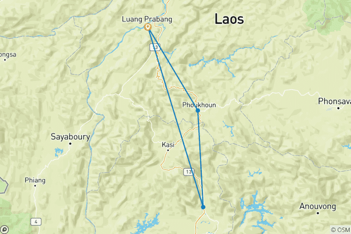 Kaart van Majestueuze noordelijke Laos motorreis van Luang Prabang naar Vang Vieng en verborgen juweeltjes