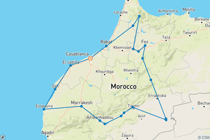 Kaart van 10 Daagse Historisch Marokko Rondreis & Joods Erfgoed Vanuit Casablanca