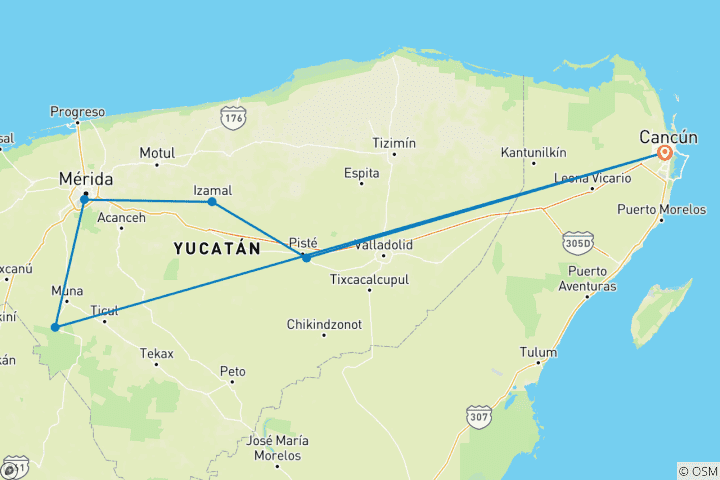 Carte du circuit MEXIQUE : UXMAL, MÉRIDA, IZAMAL , CHICHÉN ITZÁ, CANCUN - 2 JOURS