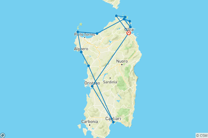 Map of 5 Days Tour of Sardinia from Olbia