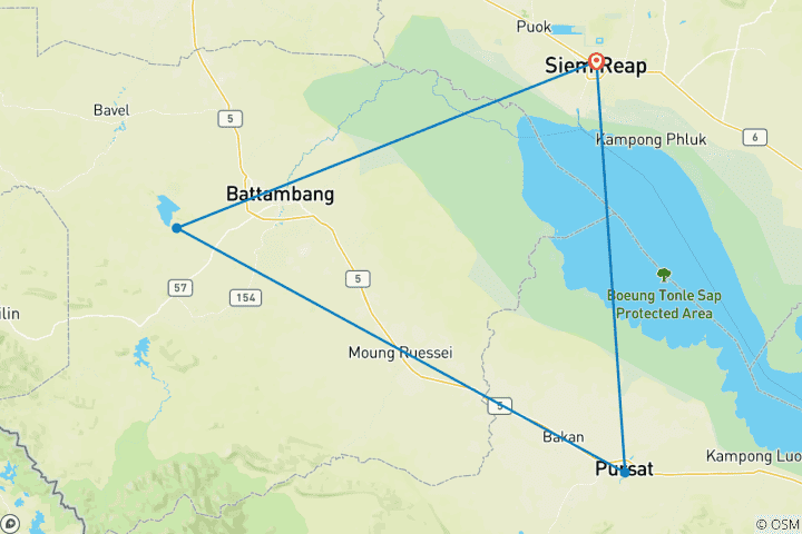 Map of 3-Day Cambodia Motorcycle Tour from Siem Reap to Battambang and Pursat Adventure