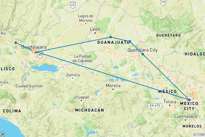 Map of MEXICO VICEROYAL ROUTE FROM GUADALAJARA in 8 days