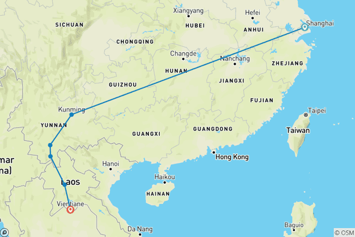 Map of Shanghai, Yunnan & Laos Discovery - 12 days