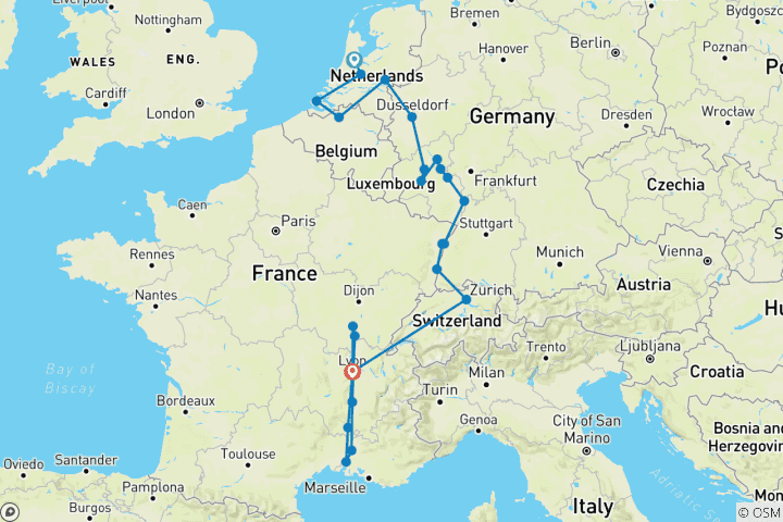 Map of Wondrous Europe 2025|2026 - 25 Days (from Amsterdam to Lyon)