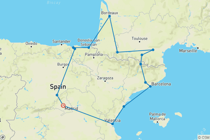 Map of Basque Country, Andorra and Barcelona with Lourdes