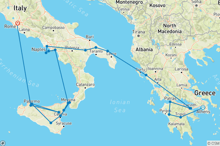 Map of Athens, Peninsula and Sicily End Rome (25 destinations)