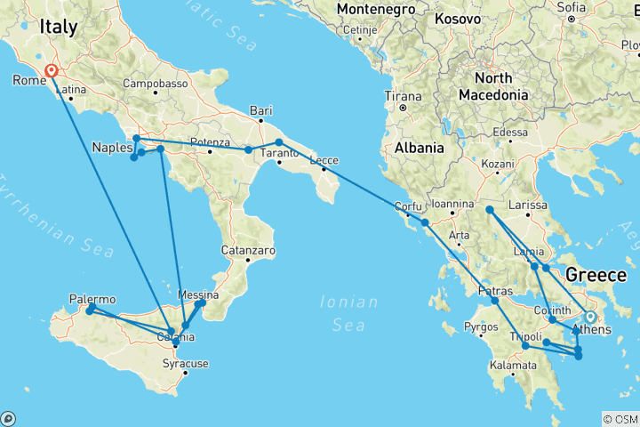 Carte du circuit Complet Grèce - Sicile - Rome