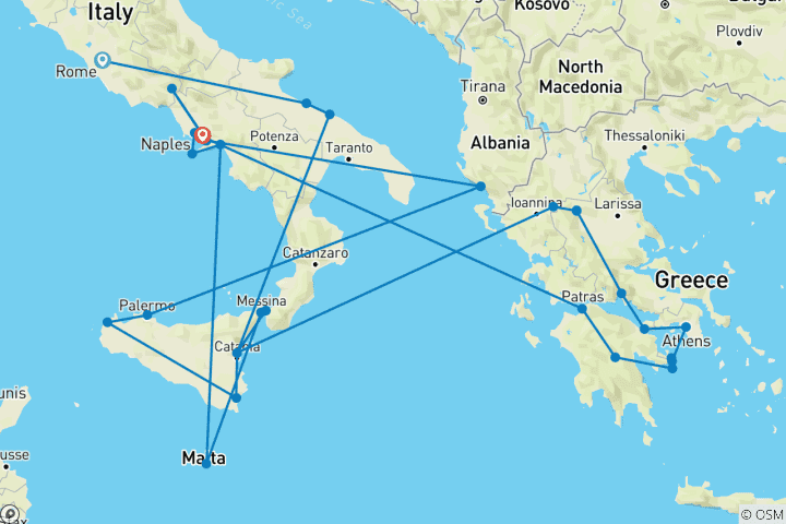 Karte von Rom, Griechenland und Sizilien (38 Destinationen)