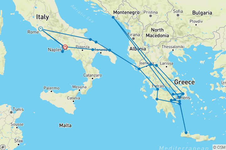 Karte von Rom, Griechenland mit Apulien und Kampanien (24 Destinationen)