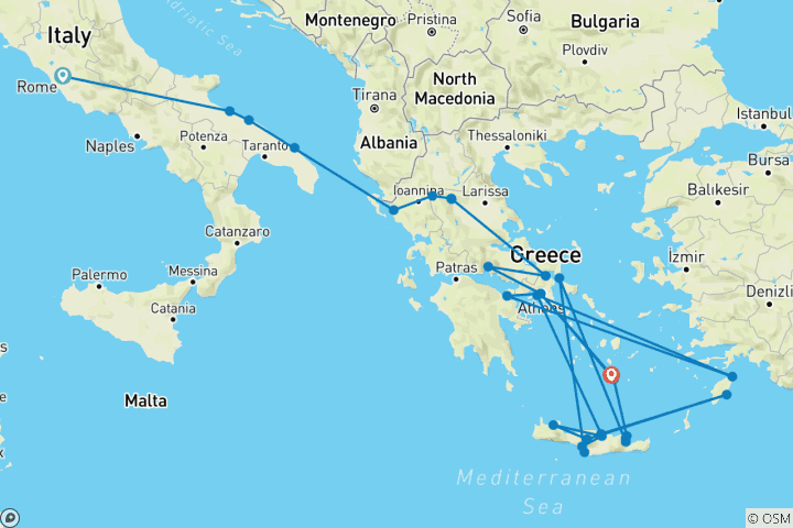 Kaart van Reis naar Rome, Apulië, Meteoras & de Griekse eilanden (13 bestemmingen)