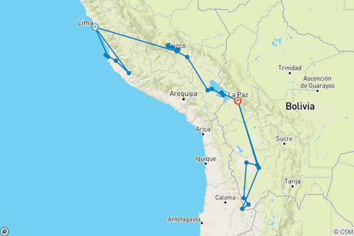 Map of The Best of Peru & Bolivia Budget: Lima, Paracas, Huacachina, Nazca Lines, Cusco, Sacred Valley, Machupicchu, Rainbow Mountain, Humantay Lake or ATV Tour: Moray & Salt Mines, Titicaca Lake, Copacabana, Sun Island, Uyuni Salt Flats & All Lagoons