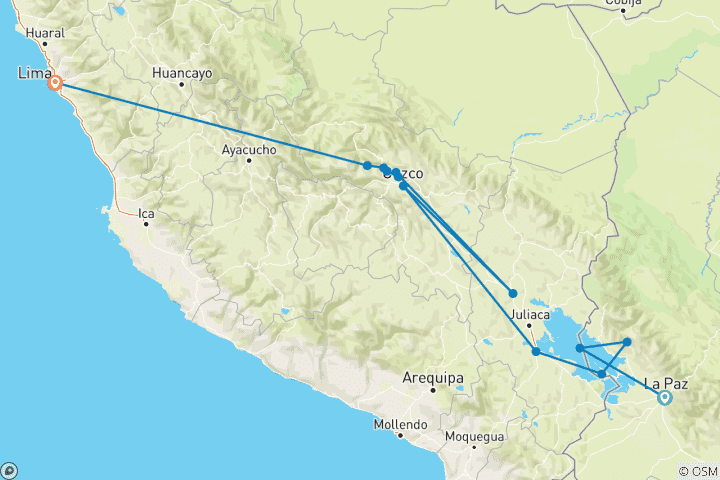 Karte von Die Wurzeln des Inkareiches - La Paz, Sonneninsel, Puno, Cusco & Lima in 12 Tagen