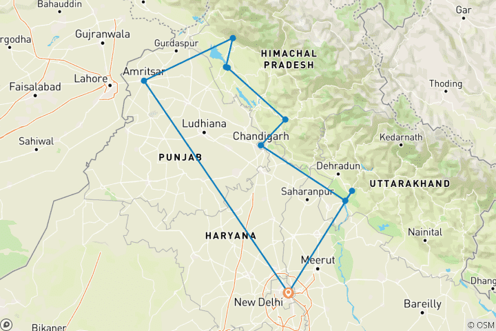 Map of Walking Trip Of Amritsar Dharamshala Heritage Village Toy Train -Shimla Haridwar & Rishikesh 14 Days