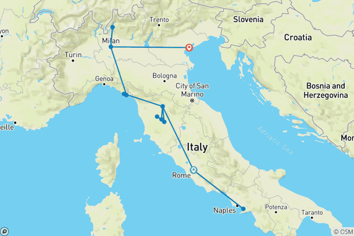 Kaart van Onweerstaanbaar Italië: Rome naar Venetië