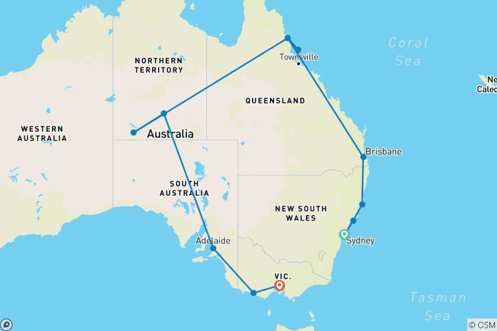 Map of Australian Highlights - Days 1 - 21 Sydney