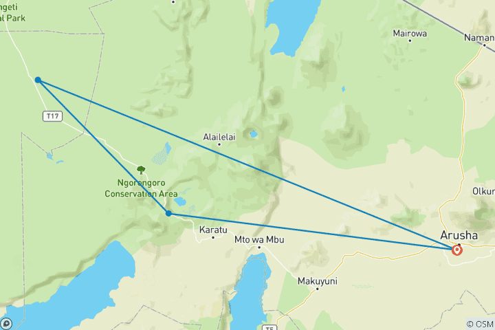 Kaart van 5-daagse Tanzania Premium rondreis in noordelijk circuit