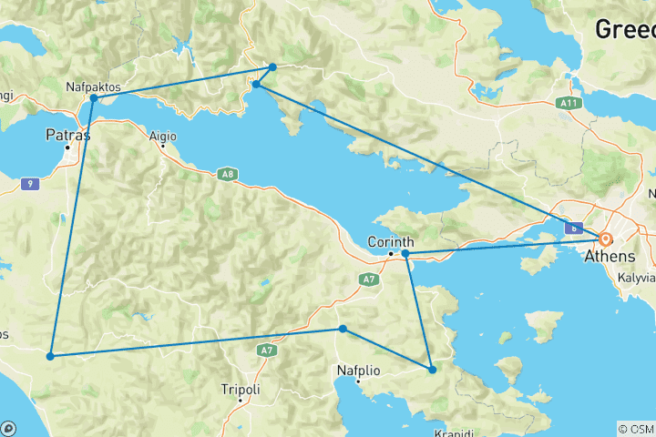 Map of Three Days Classical Tour from Athens: Epidaurus, Mycenae, Olympia, Delphi