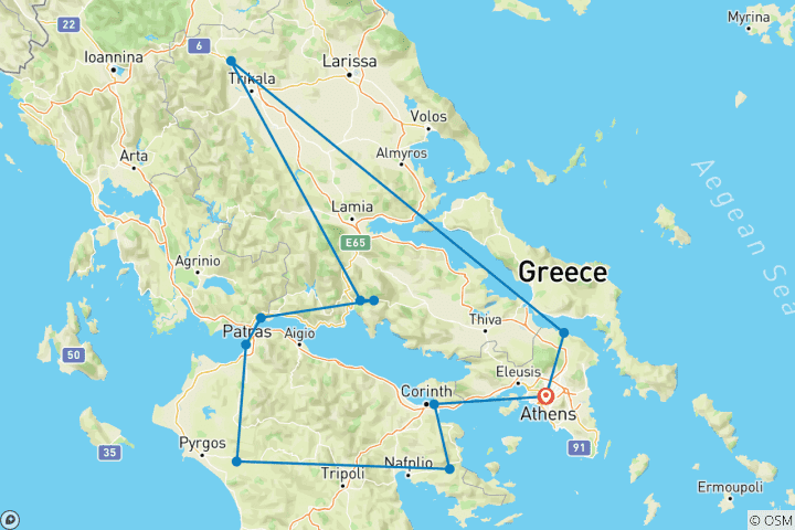 Map of Four Day Classical Greece Tour: Epidaurus, Mycenae, Olympia, Delphi, Meteora