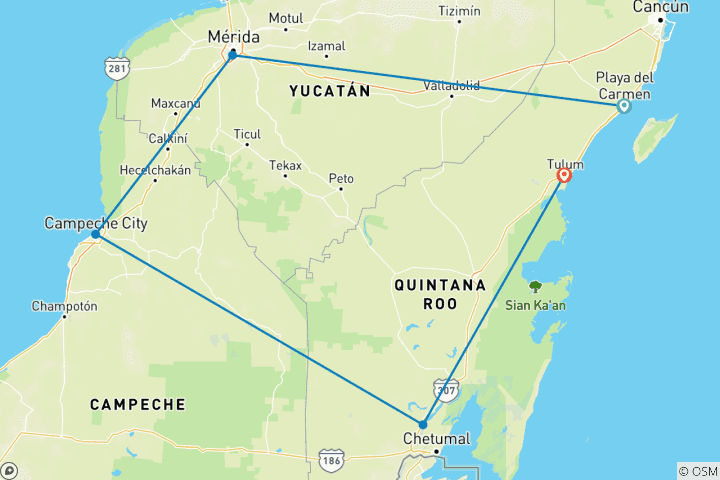 Map of Yucatan Peninsula Adventure (5 destinations)