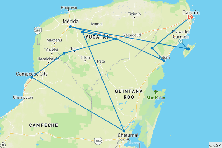 Map of Yucatan Peninsula Adventure (13 destinations)