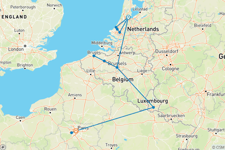 Mapa de 9 días - Ámsterdam, Bruselas, Luxemburgo y París en tren