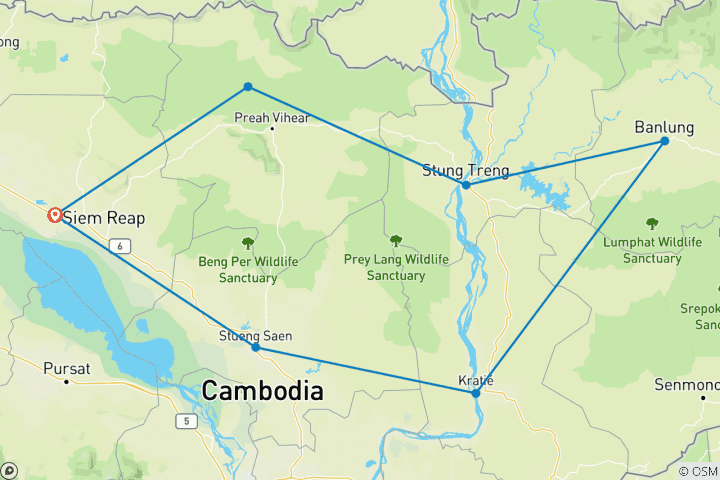 Map of 6-Day Scenic Cambodia Off-road Motorcycle Tour from Siem Reap to Banlung, Kratie & Preah Vihear