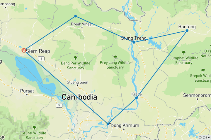 Map of 7-Day Thrilling Cambodia Off-road Motorcycle Tour from Siem Reap to Preah Vihear, Banlung, Kratie