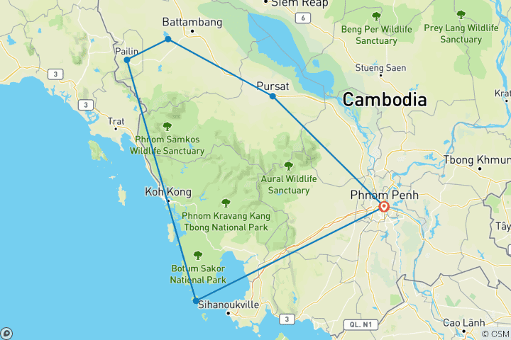 Carte du circuit 5 jours d'excursions inoubliables en moto tout-terrain au Cambodge, de Phnom Penh à Pursat, Battambang et les sentiers côtiers