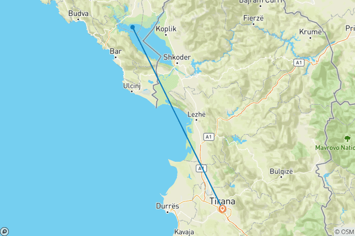 Map of Stand Up Paddle tour from Tirana Albania to Skadar Lake & Buna River