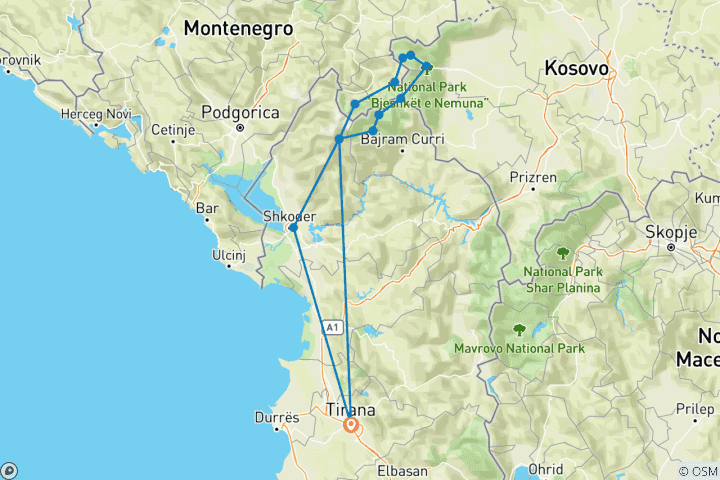 Kaart van Rondleiding met gids door de Balkan -10 Dagen in 3 Landen vanuit Tirana