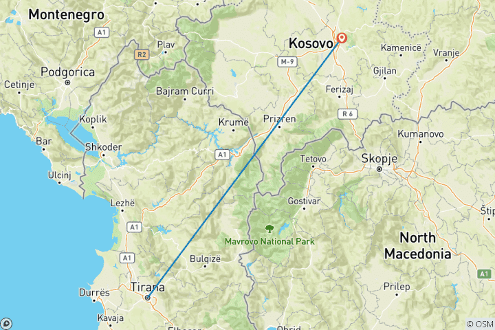 Carte du circuit Tirana à Pristina, Kosovo Transport privé