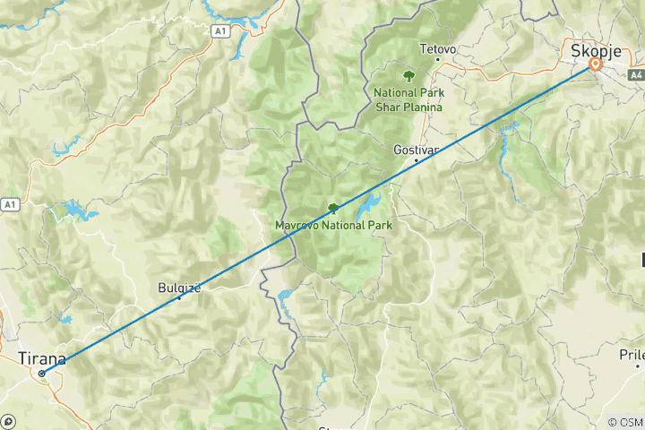 Map of Tirana to Skopje, North Macedonia Private transport