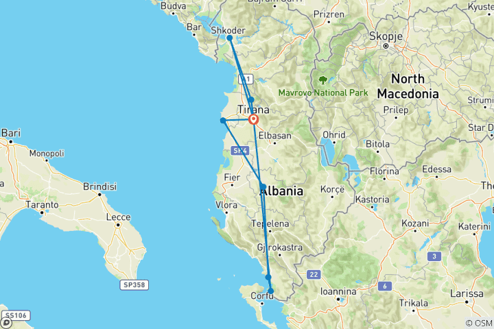 Map of Tour of Albania in 5 Days – The best of Culture & UNESCO Herritage