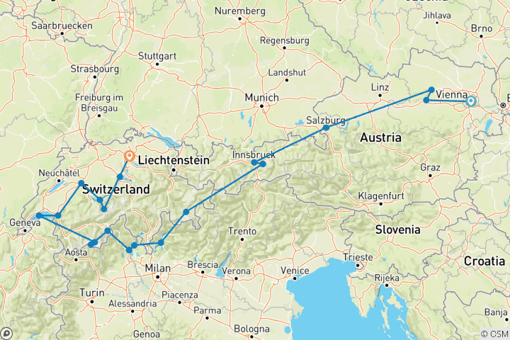 Map of Switzerland and Austria (2025 Onward, 13 Days) (21 destinations)