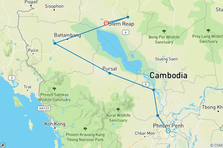Kaart van Betoverende Dirt Bike Tour naar Phnom Penh, Kampong Thom, Battambang en Siem Reap